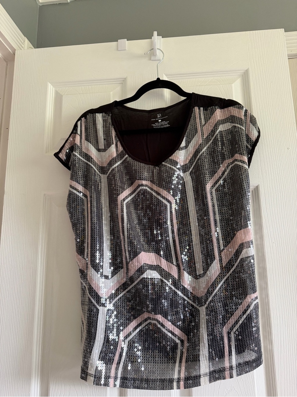New York & Company Brown Sequined Scoop Neck Top